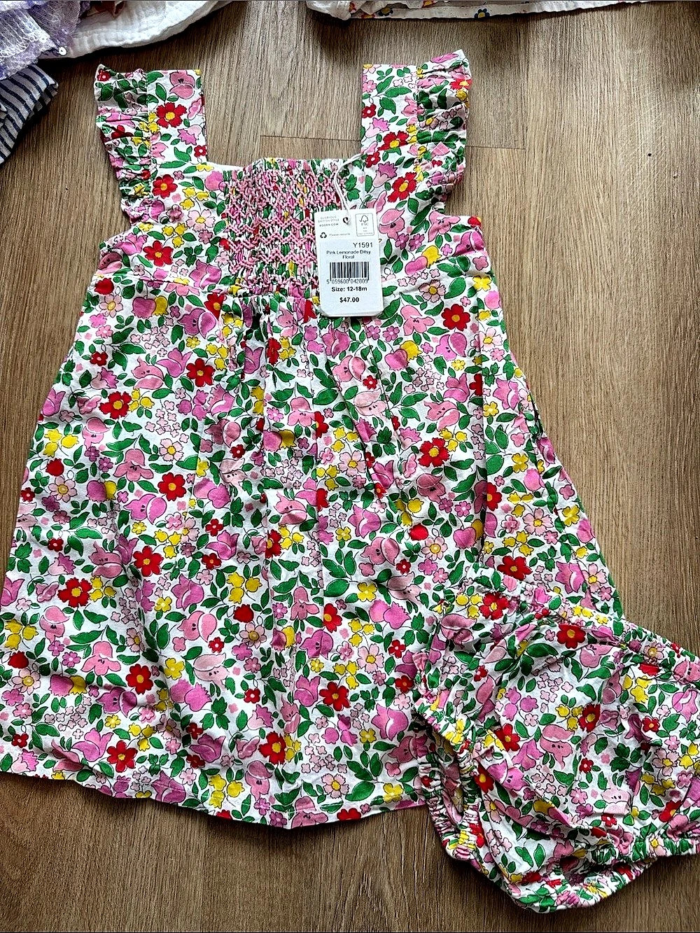 Boden Pippa Lemonade Daisy Floral Dress Pink & Green Girls 12-18M NWT